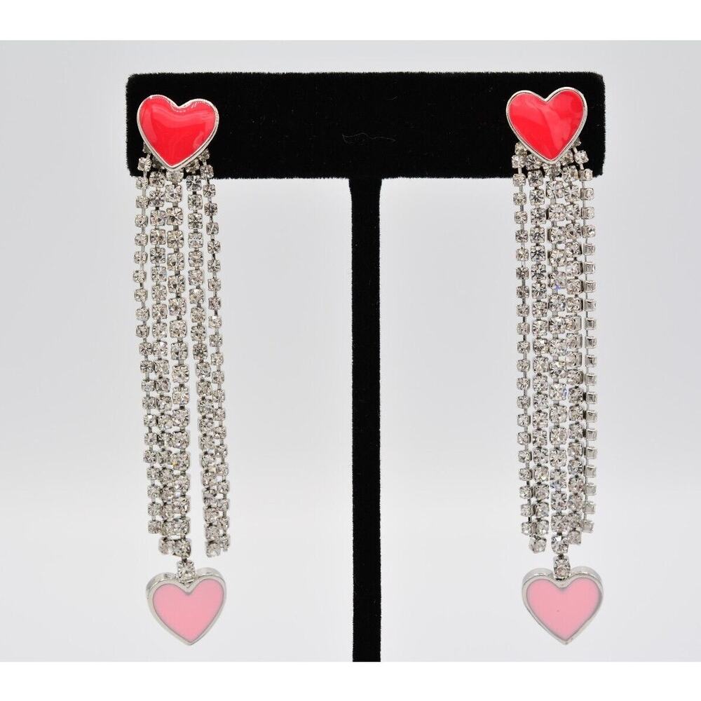Guess Heart Earrings Rhinestone Crystal Fringe Red Pink Valentine Signed BinAA
